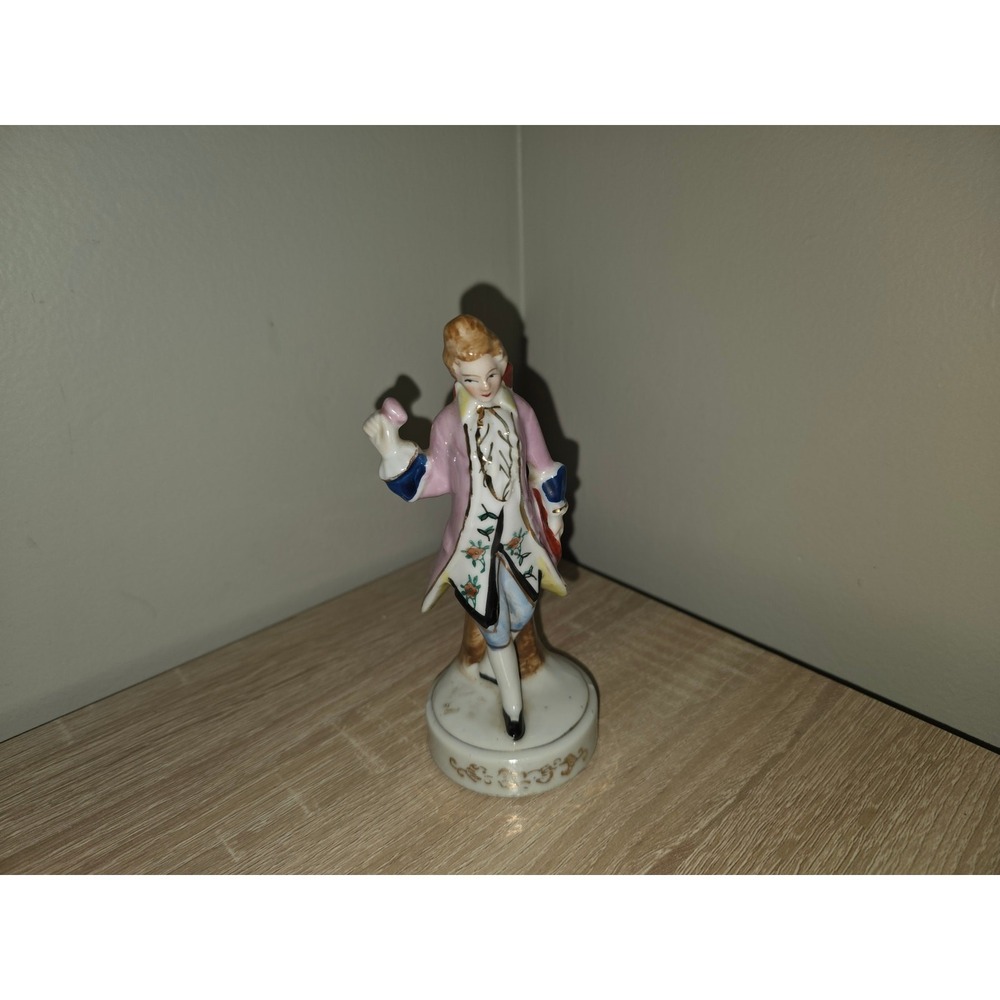 Vintage Porcelain Colonial Gentleman Figurine Pink Frock Coat Gold Filigree Base